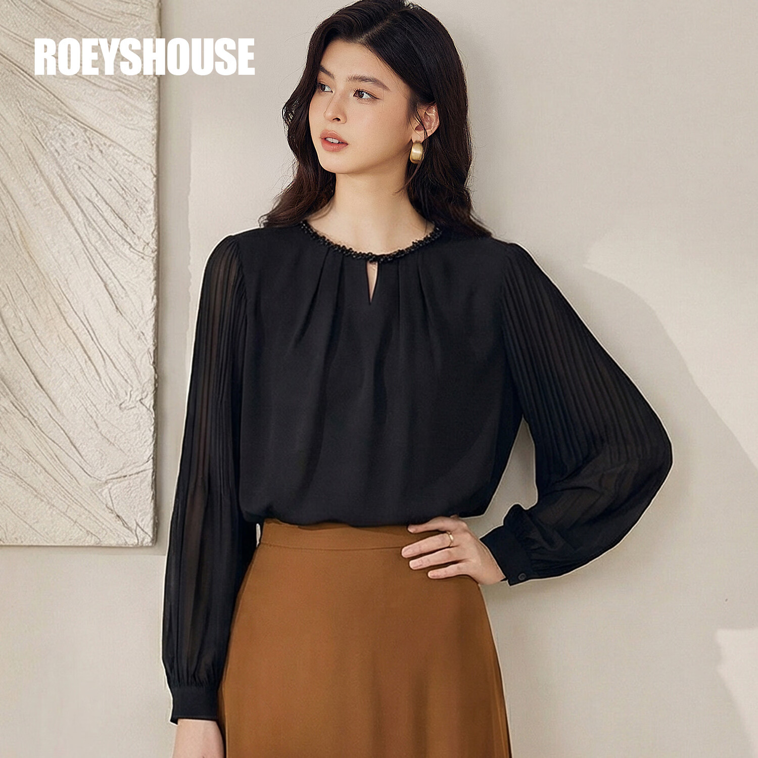 ROEYSHOUSE Elegant Satin Spliced Chiffon Shirt for Women Spring Light Luxury Hollow Out Top 13643 Black S