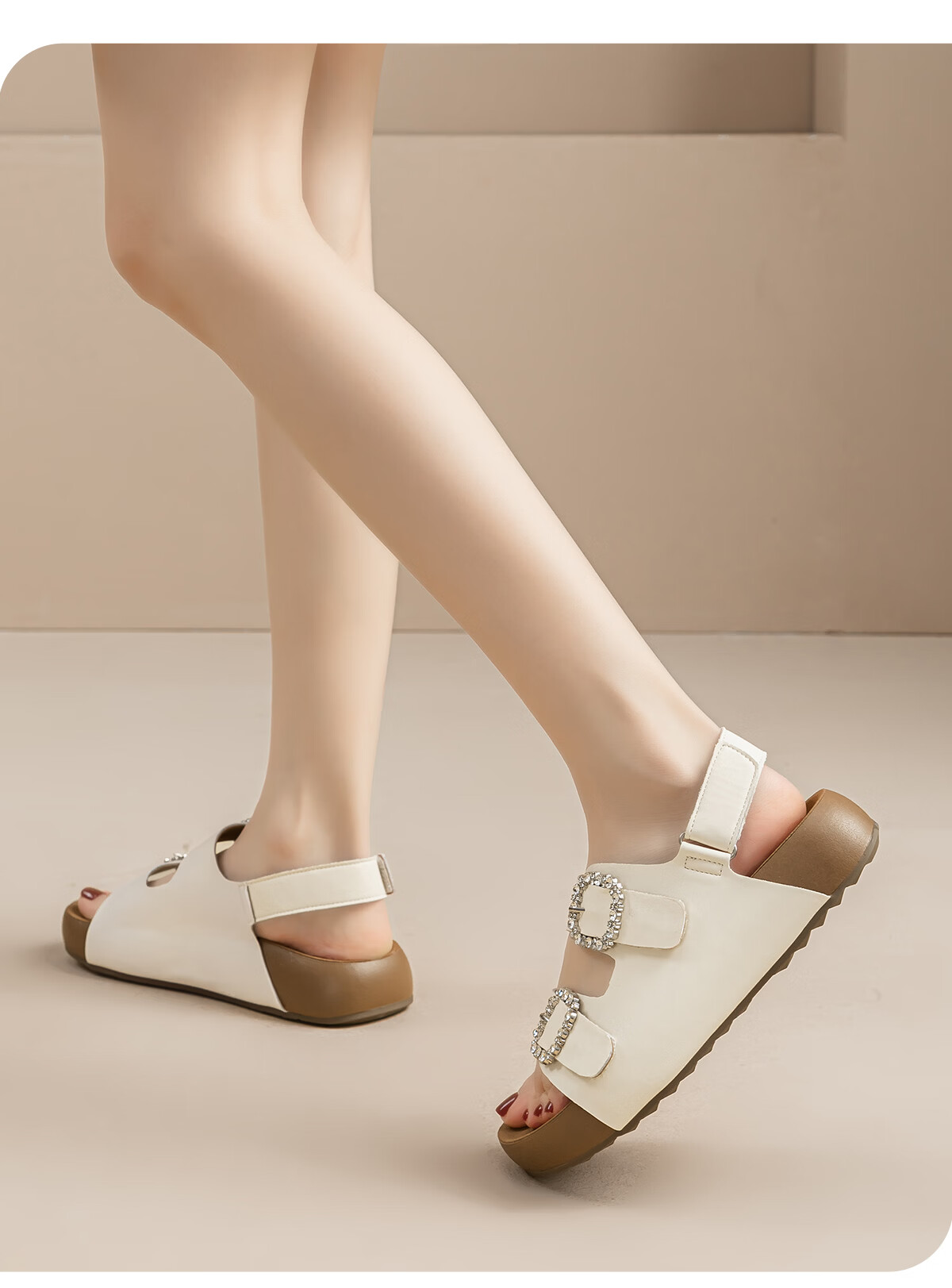 Warrior Birkenstock Women's Summer Sandals Outdoor Beach Shoes Square Buckle Rhinestone Casual Thick Sole Slippers Beige Size 38 18