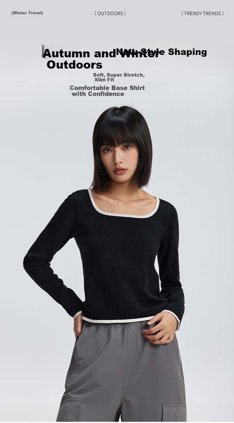 Meters Bonwe Women's New U-Neck Contrast Trim Fashionable Comfortable Base Layer Sweater 1