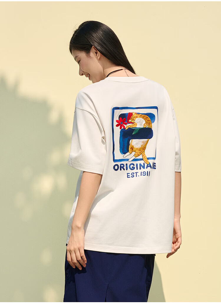 FILA Official Couple's Knitted Short Sleeve Shirt 2026 Summer Fashion Casual Unisex Loose Cat Embroidery T-Shirt 50