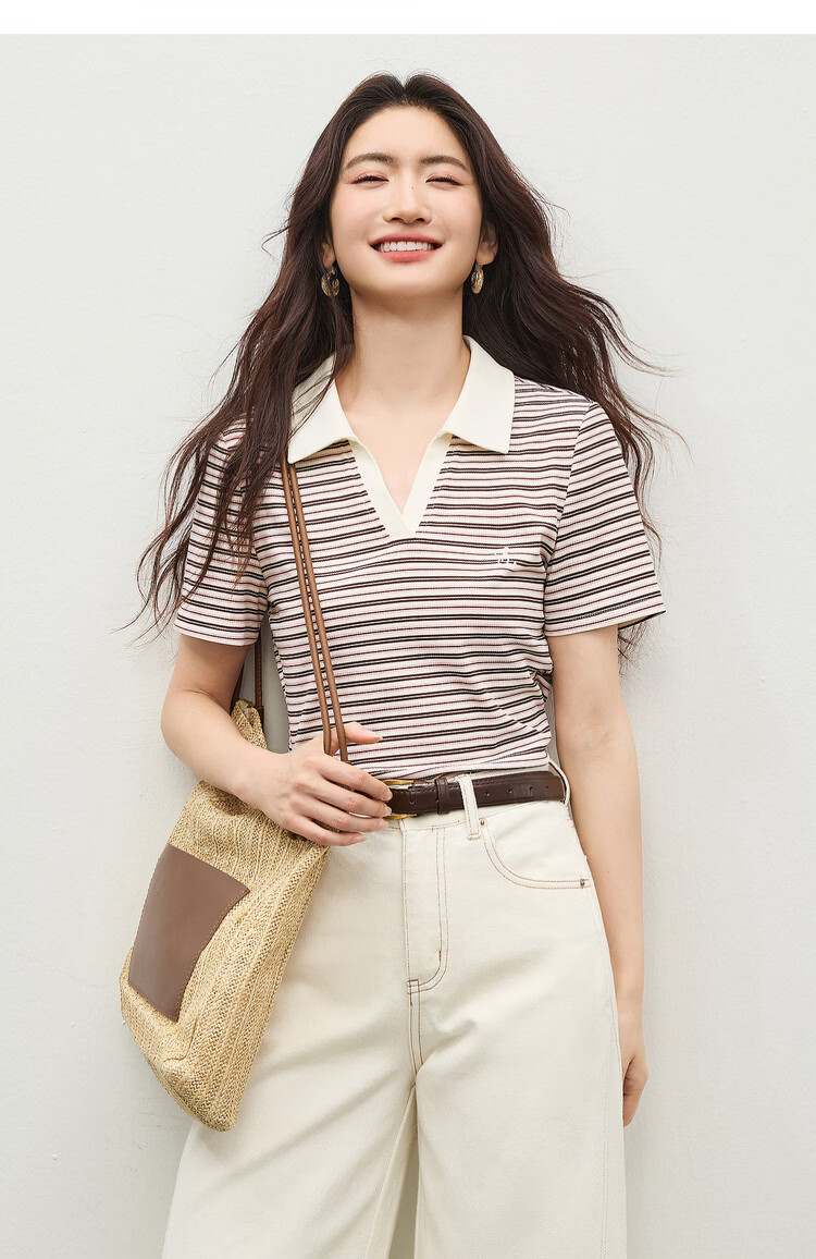Shangdu Bila Korean Style Simple Cotton Blend T-Shirt Women Summer Polo Collar Color-Block Embroidered Casual Top Stretch Striped Short Sleeve Inner Wear 18