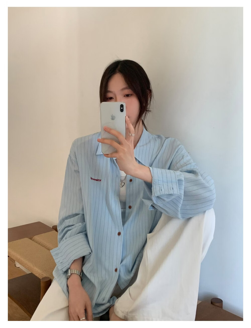ICH MODE Solid Color Small Logo Letter Loose Physical Sun Protection Casual Versatile Lazy Women's Jacket Shirt Blue L 6