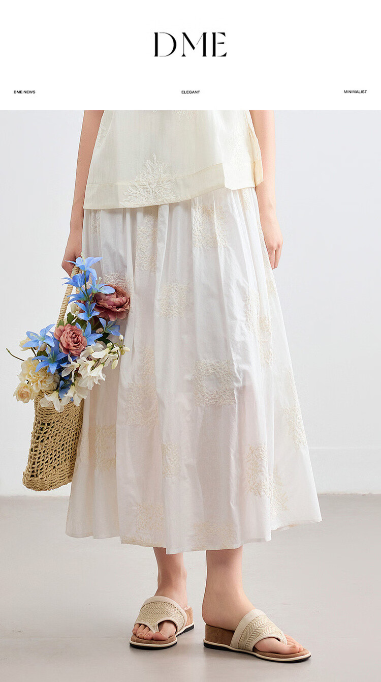 Demana Pure Cotton Poetry Summer Vintage Color-Block Embroidered Elastic Waist Slimming Mid-Length Skirt for Women 1