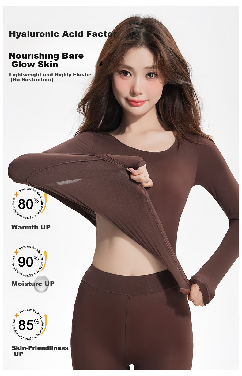 OEING Hyaluronic Acid Ultra-Thin Thermal Underwear for Women, Skin-Enhancing, High Elasticity, Slim Fit, Seamless Autumn and Winter Base Layer Set (Top and Bottom) 5