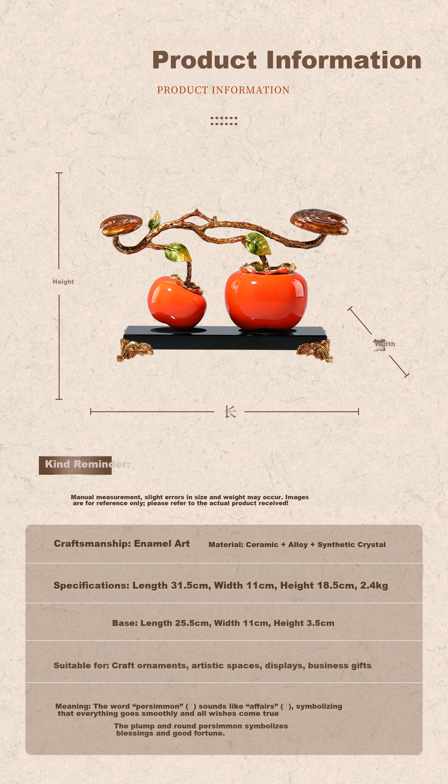 Heshengtang Persimmon Figurine New Chinese Style Light Luxury Enamel Color Housewarming Gift Opening Decoration for Living Room Entrance 7