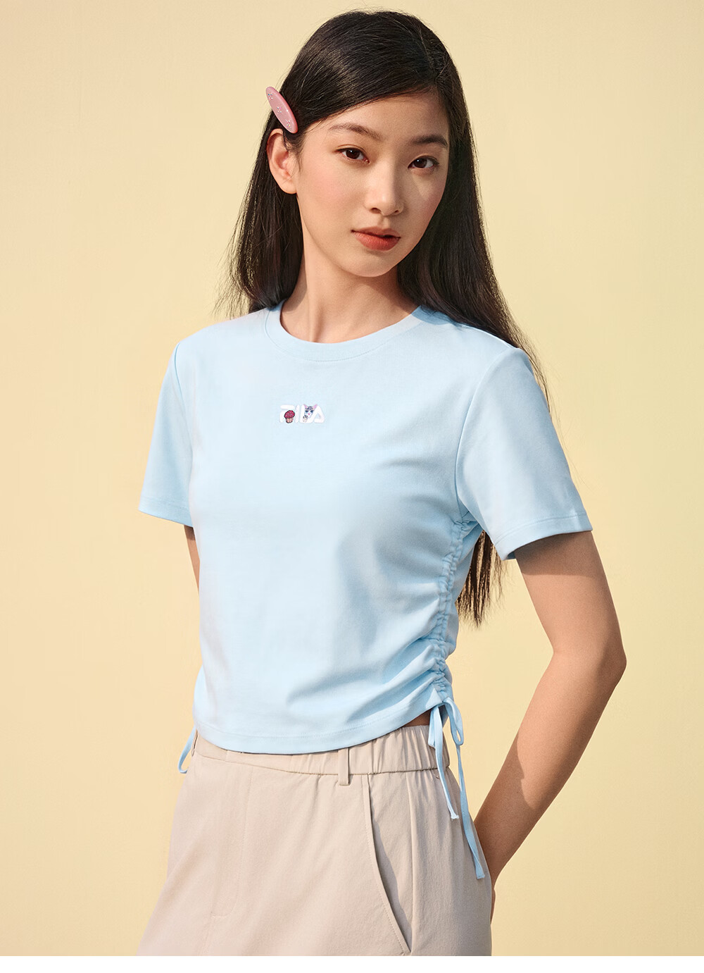 FILA Yang Mi Same Style Knitted Short Sleeve Shirt Women 2026 Summer Side Drawstring Fashion Casual Embroidered Logo Slim T-Shirt 20
