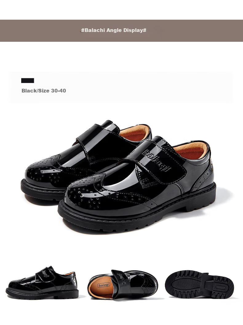 Balaqi Boys Classic Black Leather School Style Glossy Leather Shoes Spring Autumn Soft Sole Single Shoes BL3356 Black Size 30 8