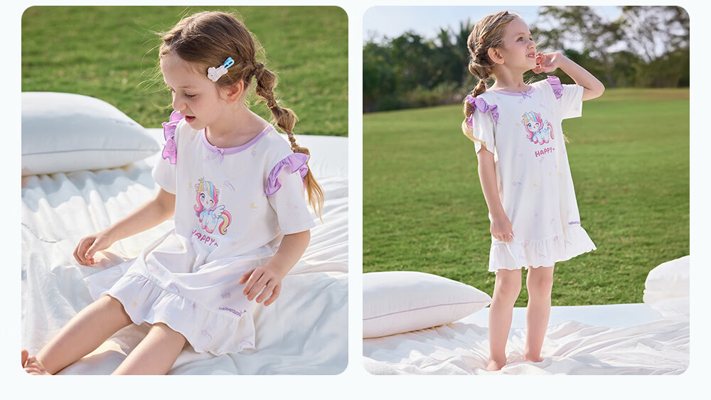 Betis Kids Homewear 2026 Summer New Thin Breathable Short Sleeve Nightdress Girls Pajamas Air Conditioning Dress with Lace 34