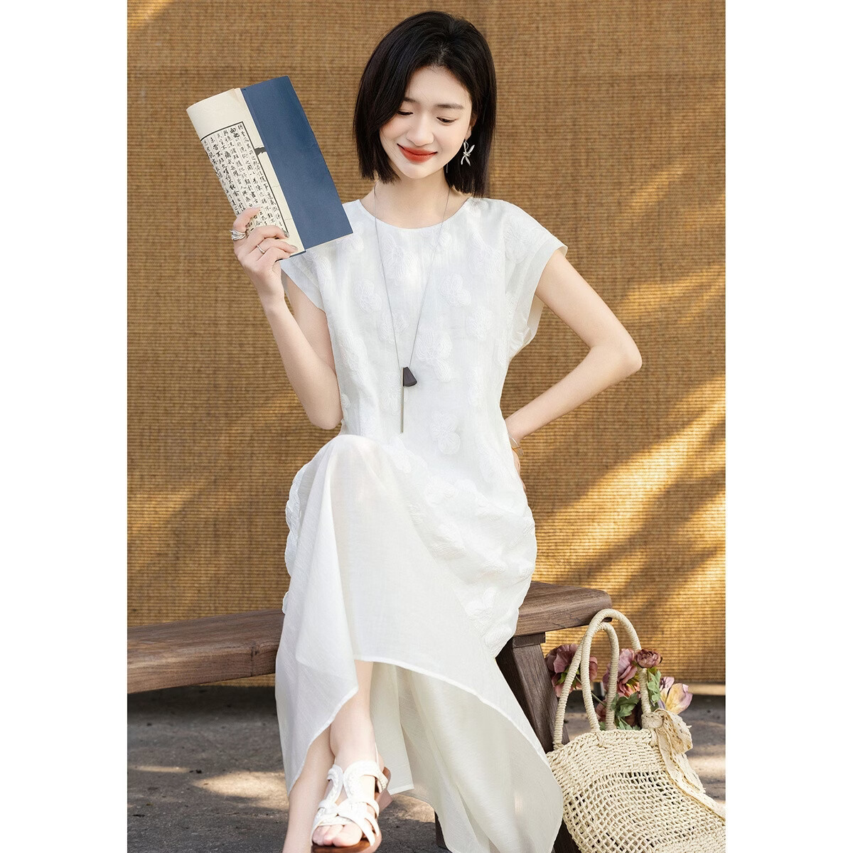 Demana Summer Elegant Floral Texture Tassel Waist Tie Loose Slim Shirt with Lyocell Hem Splicing for Women Premium