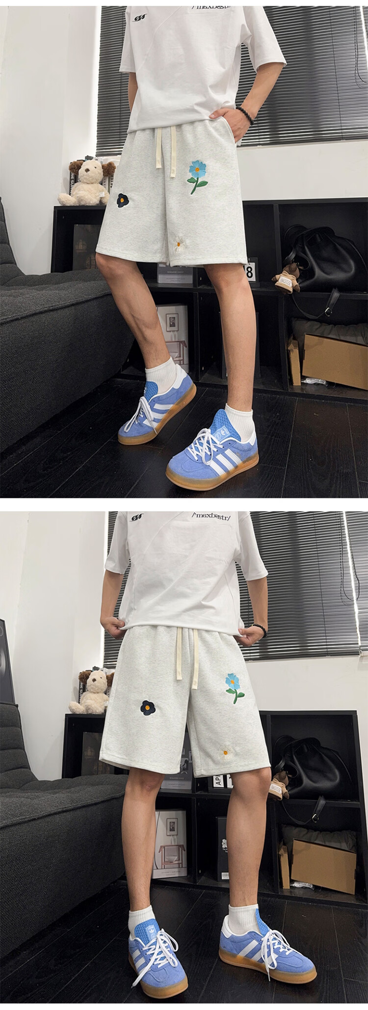 Dingfengbaoluo Cotton Feel Casual Sports Shorts Men Summer Loose Floral Embroidery Simple Five-Point Pants SJ44 White Flower Gray M 9