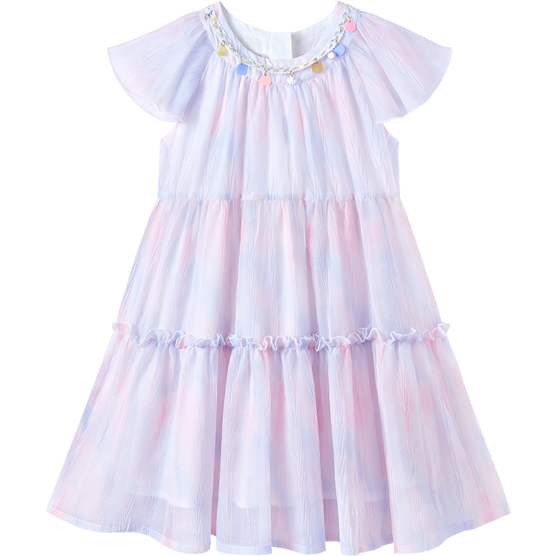 Disney Girls Tie-Dye Summer Dress with Ruffled Sleeves and Frilled Hem, Sweet Princess Style, Pink Purple, Size 150