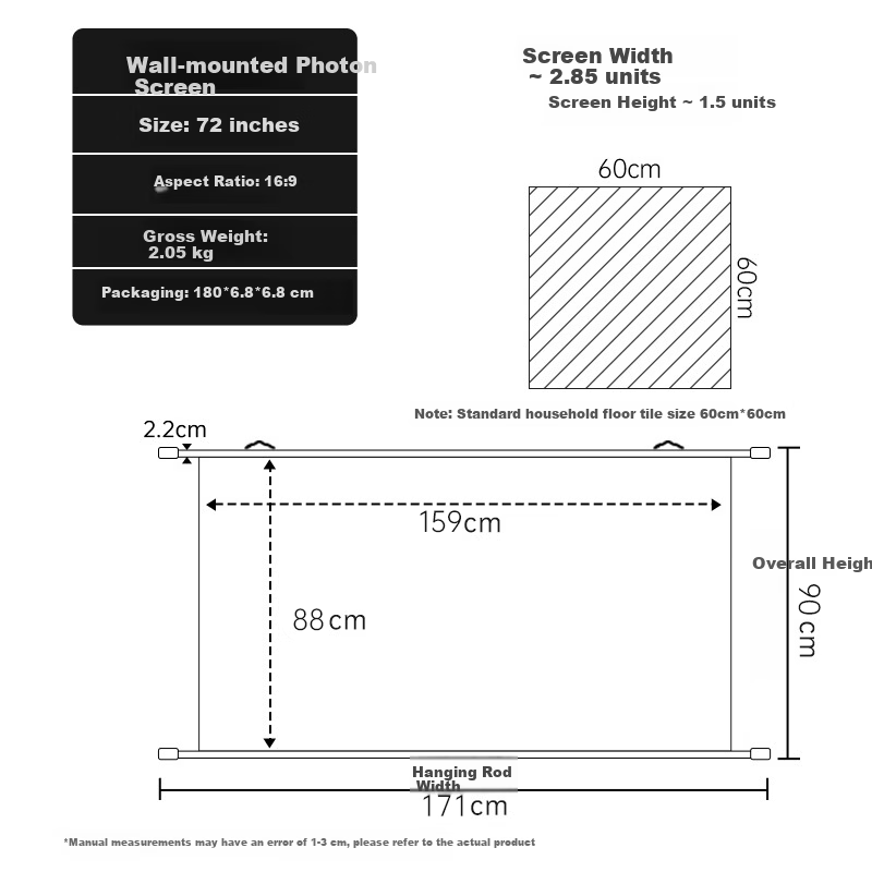 Zhiying Home Projector Screen 72 Inch 16:9 Wall-Mounted Photon Screen 4K HD Office Home Theater Compatible with XGIMI, JmGO, Xiaomi, Dangbei, Epson
