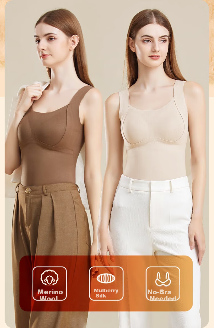 LangSha Women's Thermal Camisole Vest Autumn Winter Mulberry Silk Fleece Thickened Antibacterial Heating Seamless Built-in Bra One-piece Underwear 2