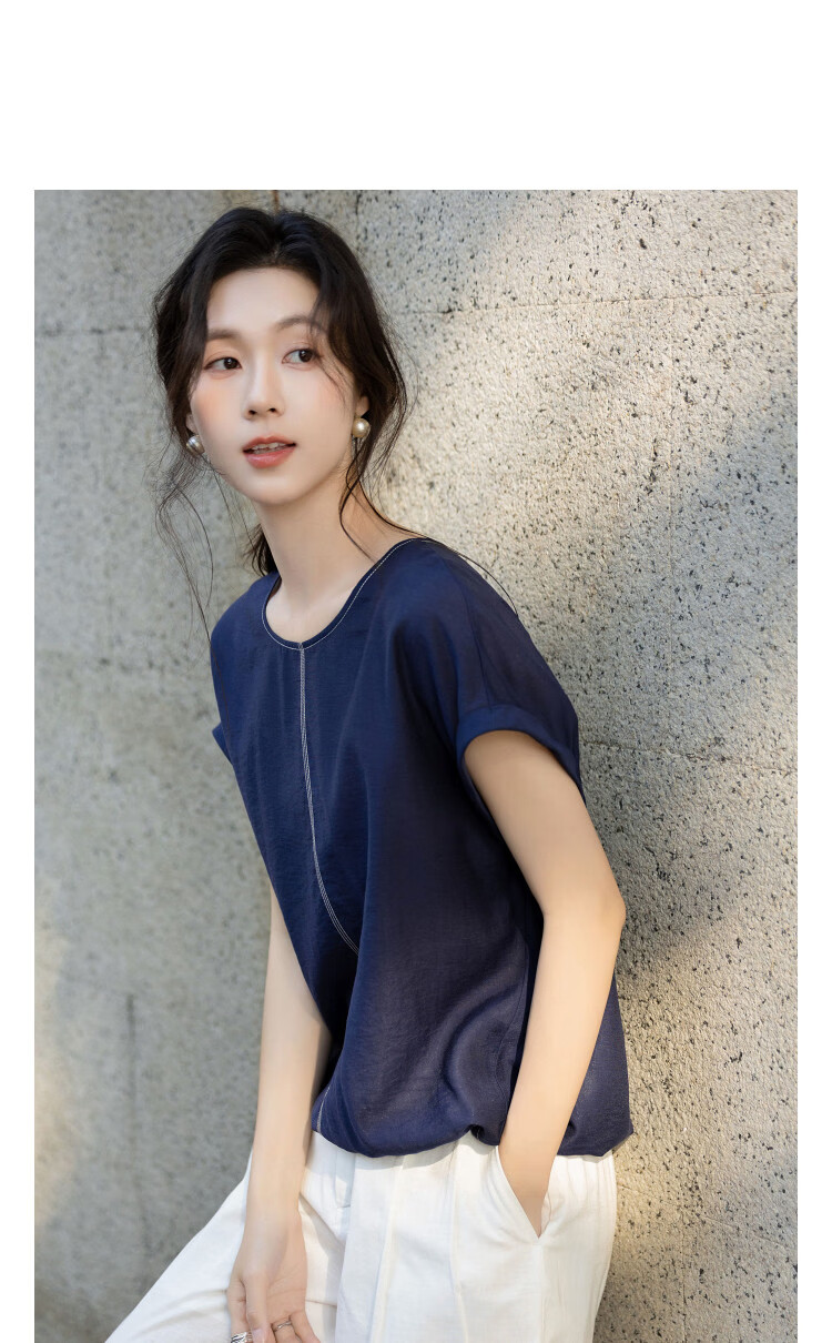 Demana [With Linen] Summer Elegant Drop Shoulder Sleeve Color-Block Stitching Drawstring Hem Loose Slim Shirt for Women High-End Feel 14
