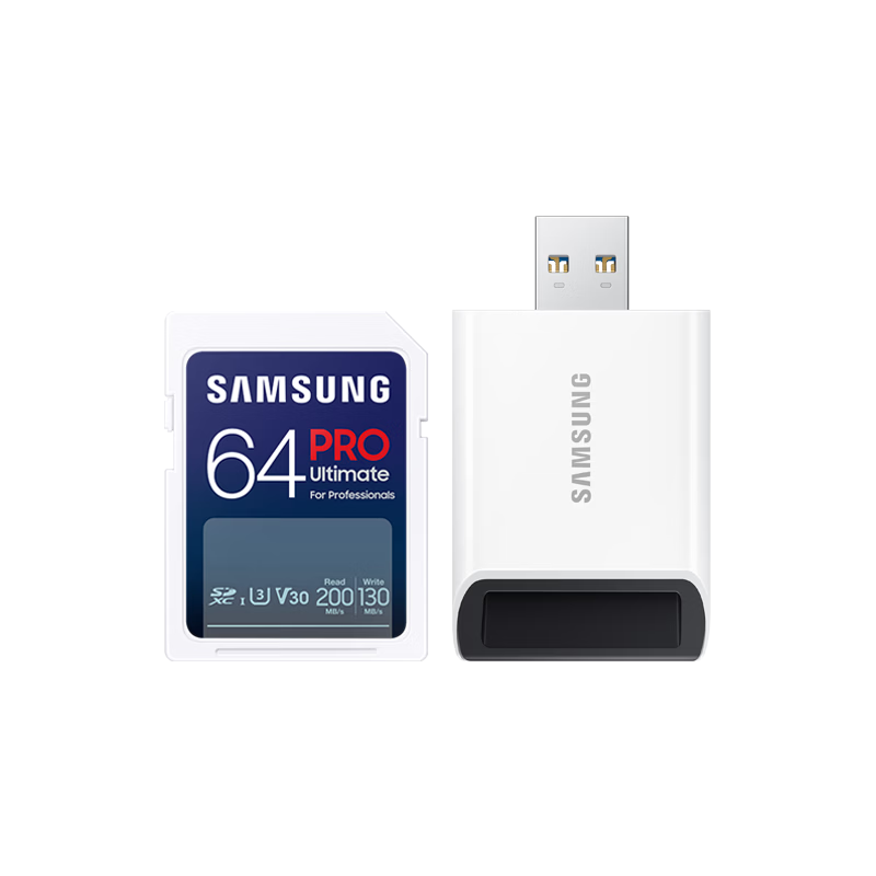 SAMSUNG 64GB SD Memory Card with Card Reader Kit High-Speed PRO Deep Blue U3 V30 SD Camera Card 4K High-Speed Continuous Shooting Read Speed 200MB/s Write Speed 130MB/s