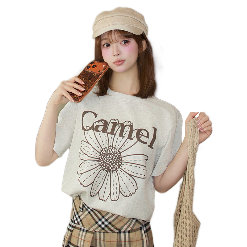 CAMEL Ice Skin T-Shirt Little Daisy Short Sleeve Cotton Loose Casual Top C36BAXLN023C Light Heather Gray XL