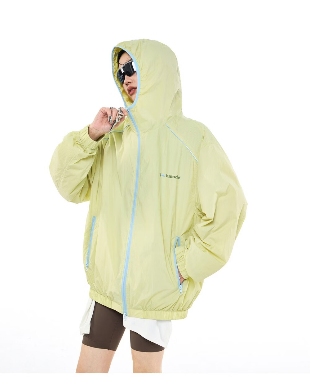ICH MODE Colorblock Physical Sunscreen Jacket Women Spring Summer New Hooded UV Protection Coat Light Blue M 21