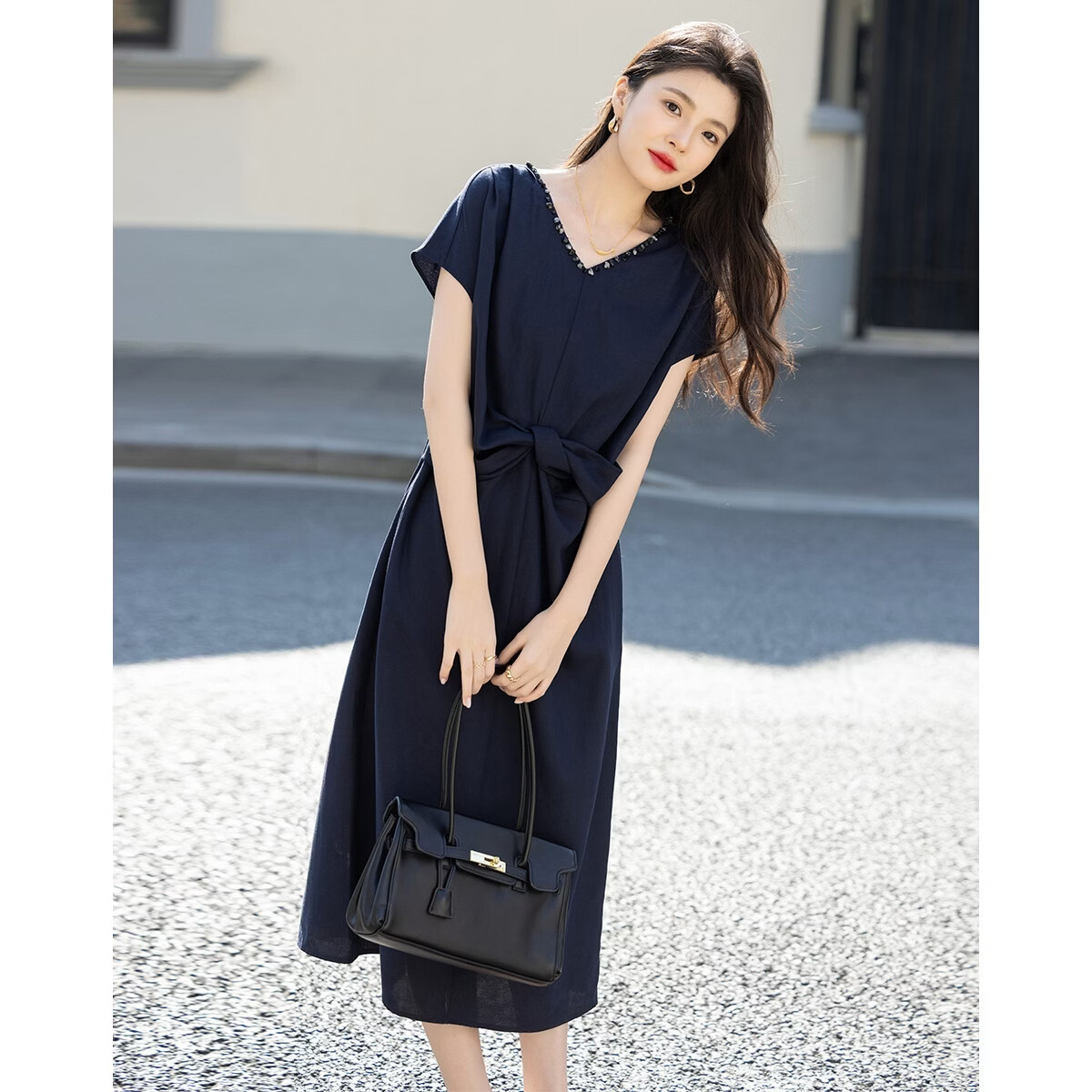 Demana Elegant Commuter Summer V-Neck Hand-Beaded Knot Shoulder-Cover Sleeve Loose Dress for Women Premium Feel