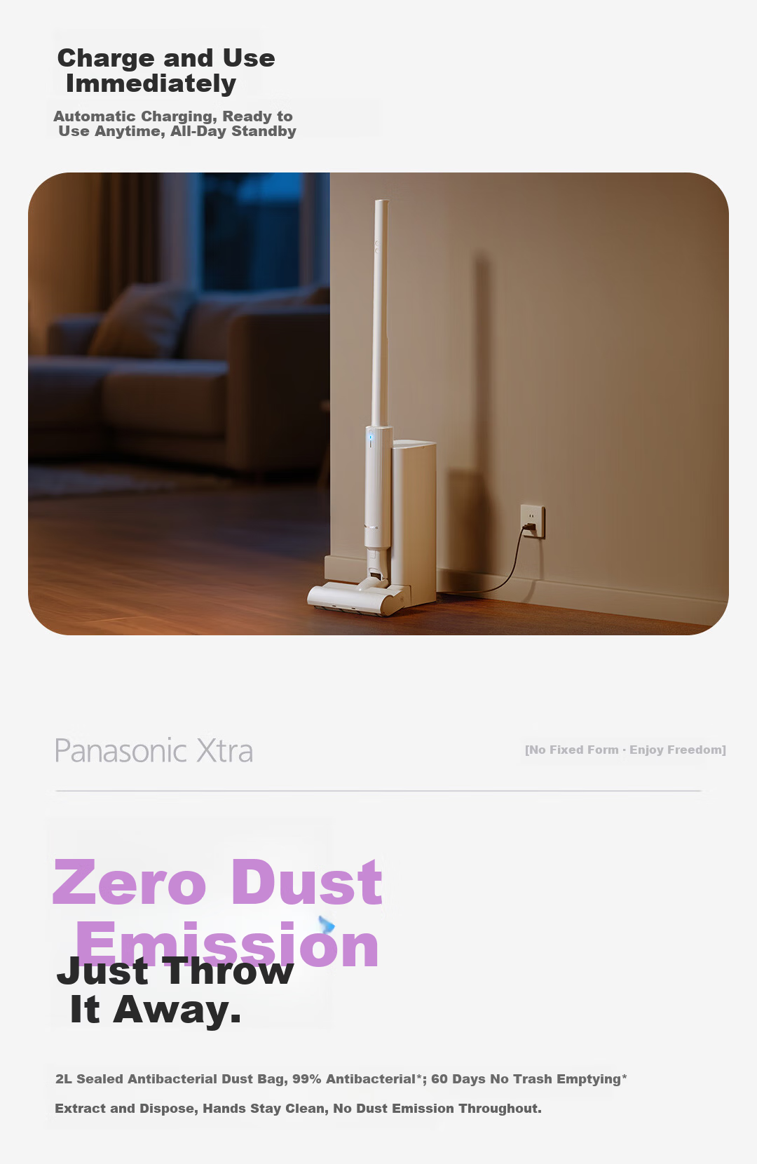 Panasonic Xtra Zero Zero Cordless Vacuum Cleaner Automatic Dust Collection Home Powerful Handheld Green Light Dust Detection Pet Hair Removal MC-KAX1W [60 Days No Trash Emptying] 10