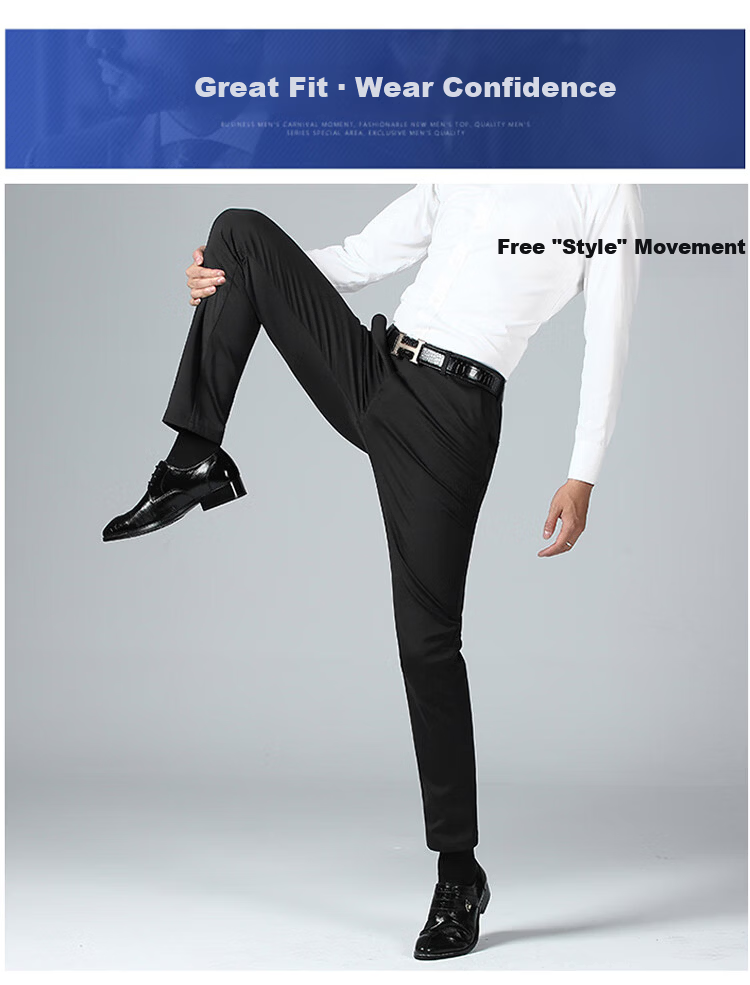MULINSEN Men's Spring Autumn Straight Leg Stretch Wrinkle-Resistant Solid Color Simple Commuter Casual Trousers Black 38 4