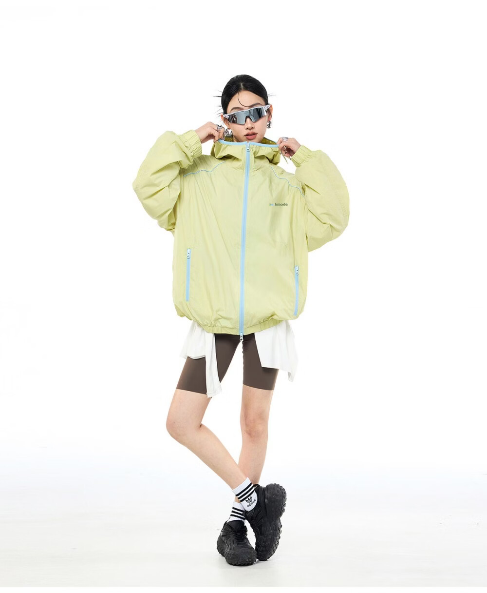 ICH MODE Colorblock Physical Sunscreen Jacket Women Spring Summer New Hooded UV Protection Coat Light Blue M 22