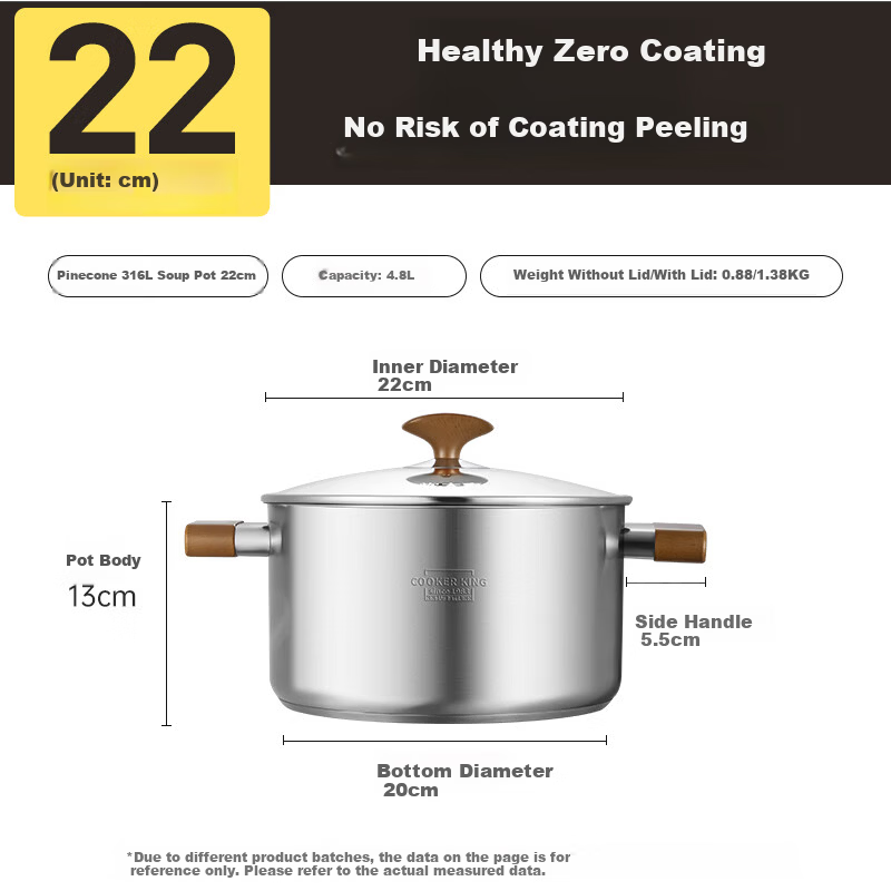 COOKER KING 316L Stainless Steel Soup Pot Baby Food Supplement Pot Stew Pot Steamer Double Handle Porridge and Noodle Cooking Pot 22cm