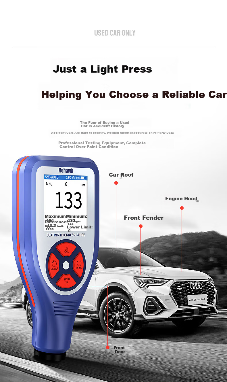 Nohawk NT-2S Coating Thickness Gauge for Paint Film Measurement on Iron and Aluminum Substrates (Color Screen, Lithium Battery, Storage) 6
