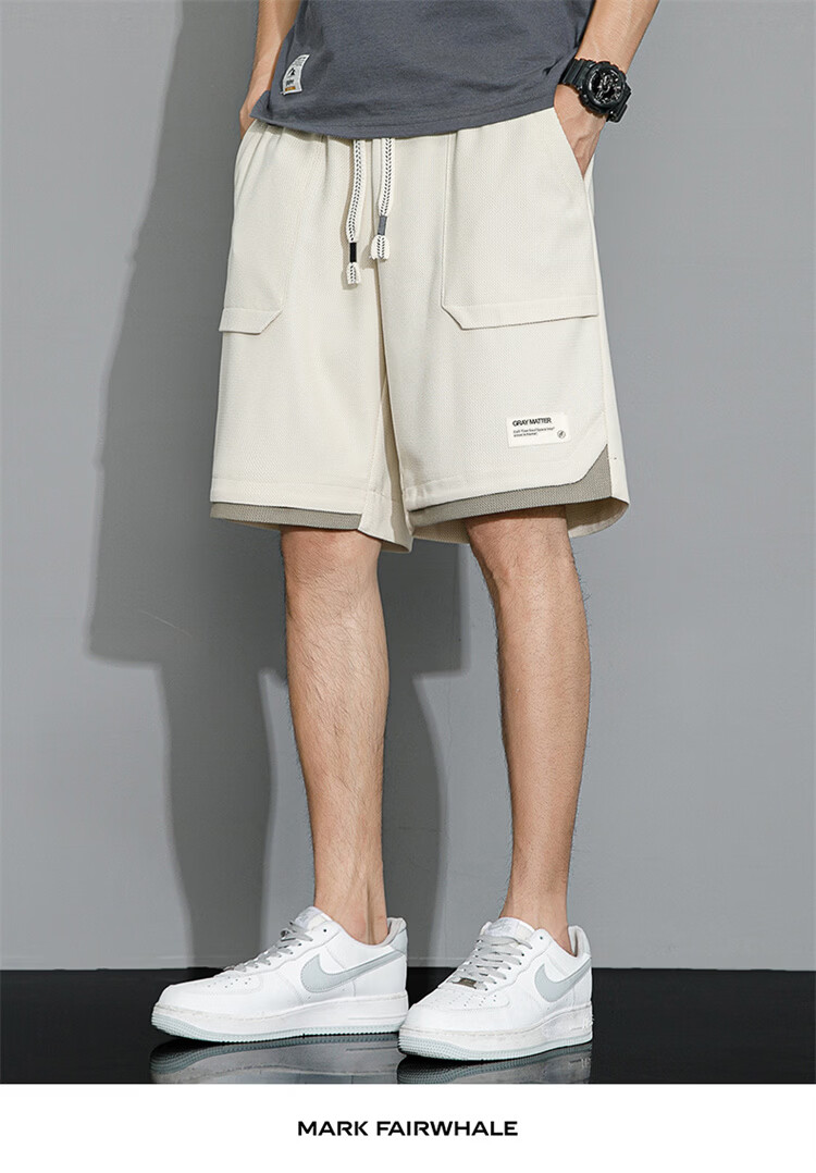 MARK FAIRWHALE Men's Casual Summer Lightweight Loose Fit Student Sports Ice Silk Five-Point Shorts Beige M 21
