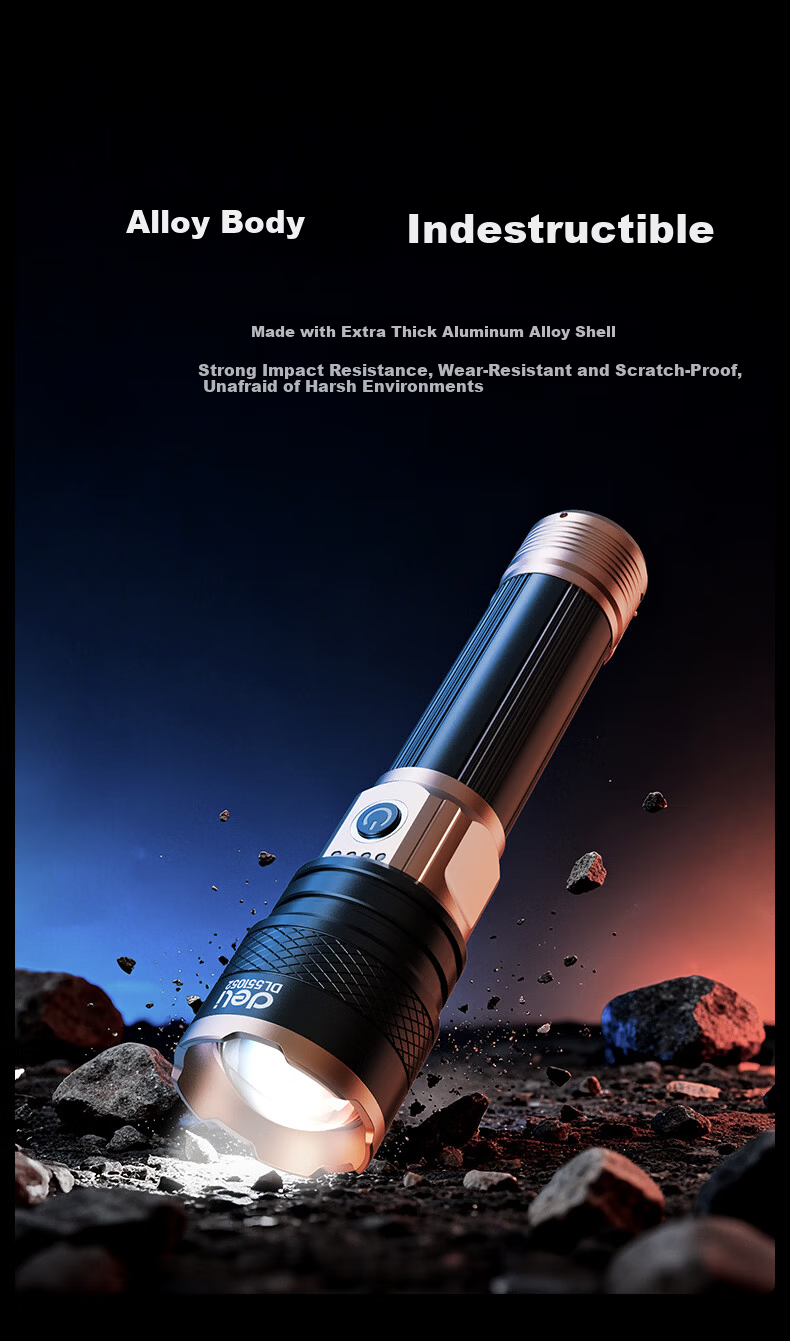 Deli Flashlight High Brightness Zoomable Long-Range Laser Compact Ultra-Long Battery Rechargeable for Home Military Outdoor Survival 8