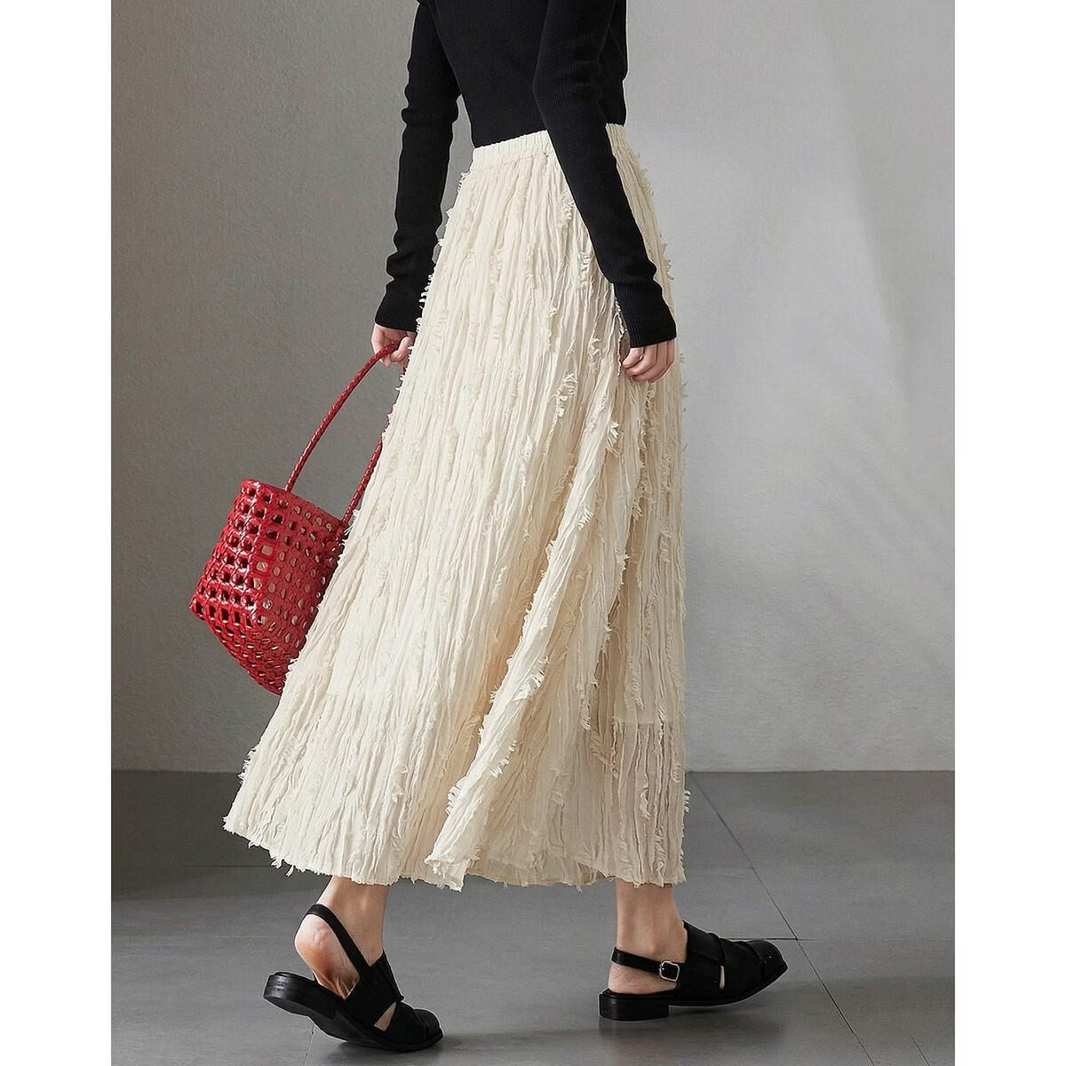 Demana "Yunshang Wubai" Summer Crinkled Texture Tassel Mesh Skirt Lightweight Flowing A-Line Long Skirt for Women