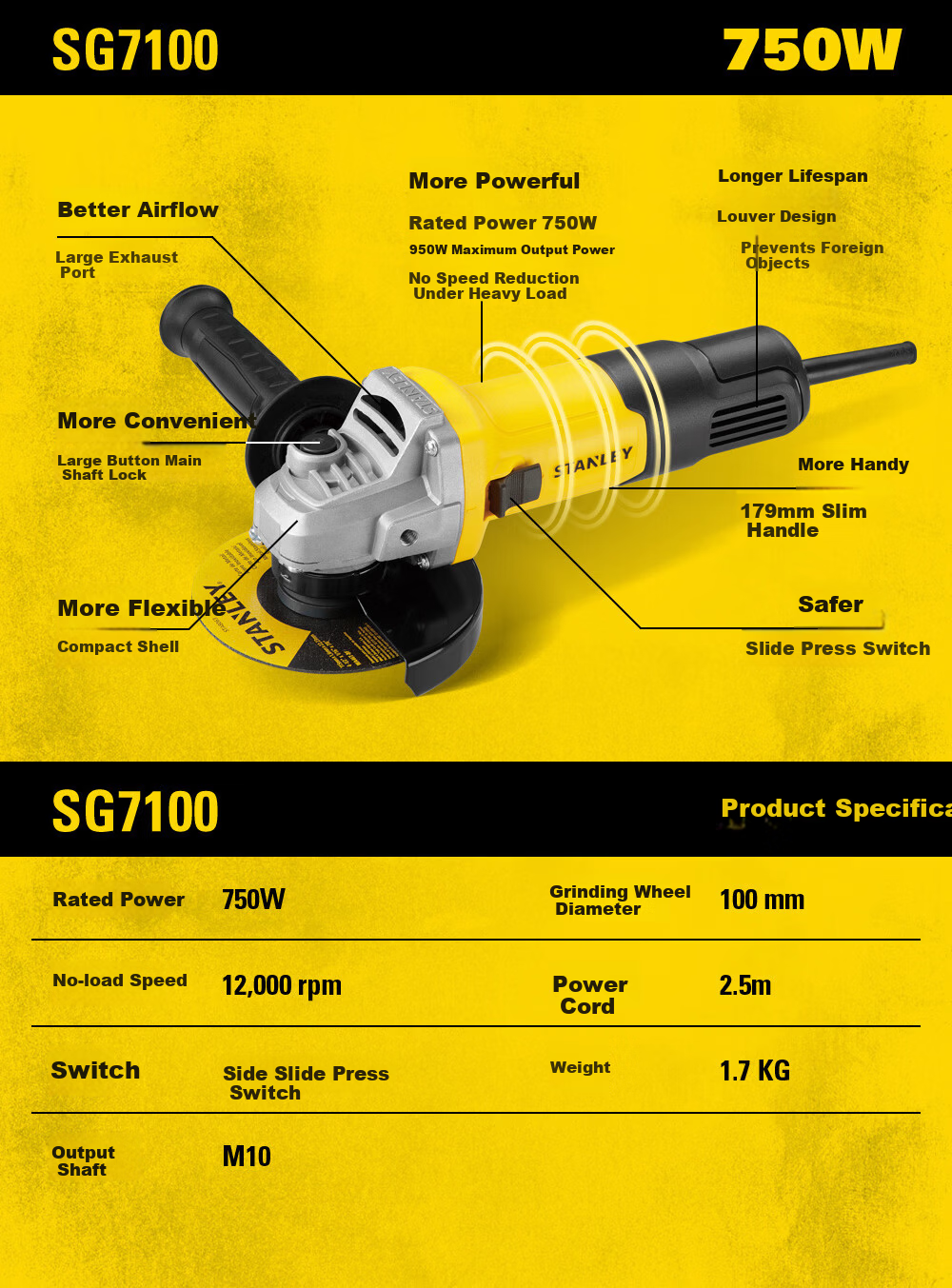 STANLEY SG7100 Angle Grinder Electric Tool with Pure Copper Motor 7