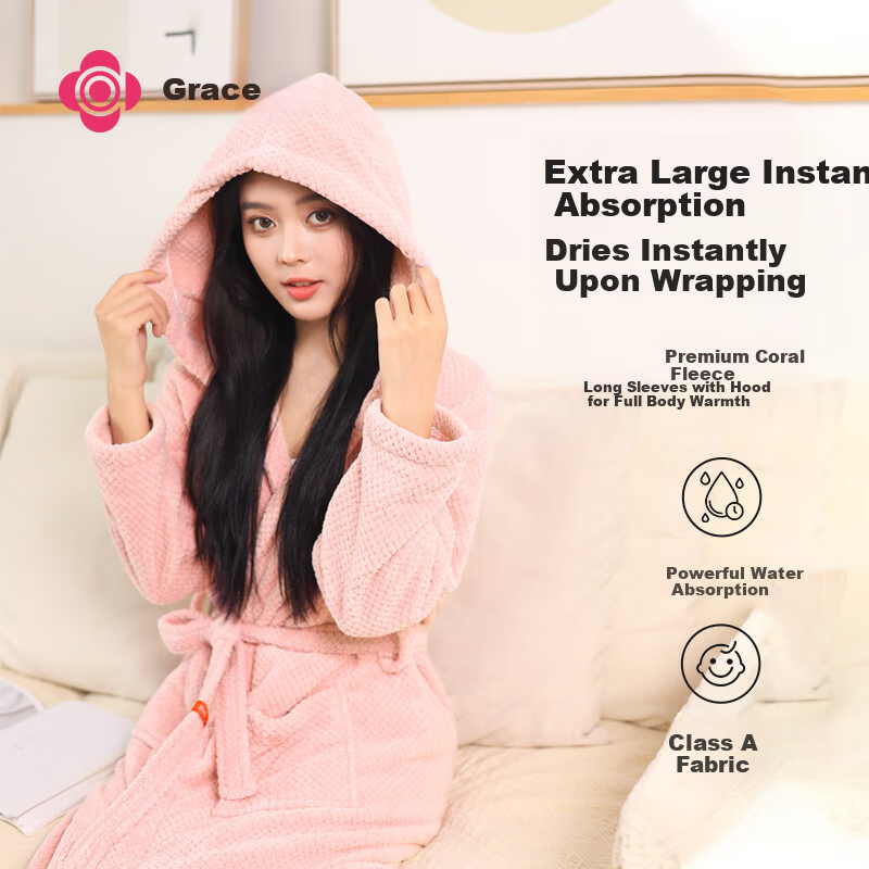 Grace Five-Star Hotel Bathrobe Couple Thick Soft Absorbent Home Bathrobe Unisex Pink Size L