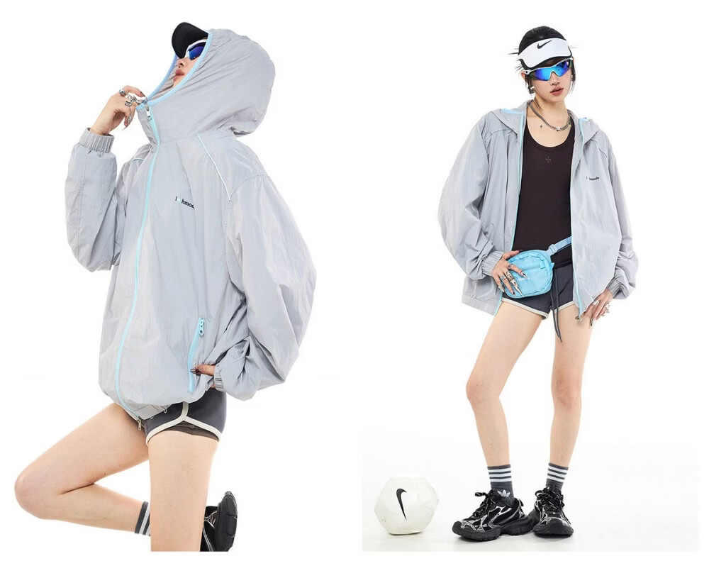 ICH MODE Colorblock Physical Sunscreen Jacket Women Spring Summer New Hooded UV Protection Coat Light Blue M 18