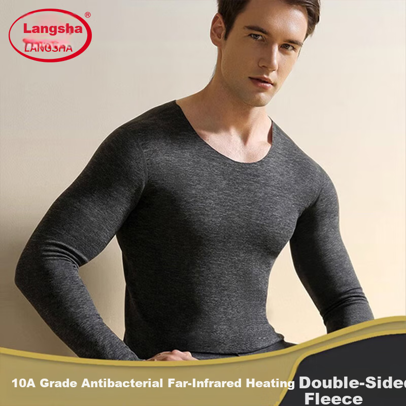 Langsha Men's Thermal Underwear 10A Antibacterial Mite-Resistant Double-Sided Fleece Autumn Shirt AB Side German Velvet Heating Base Layer Top