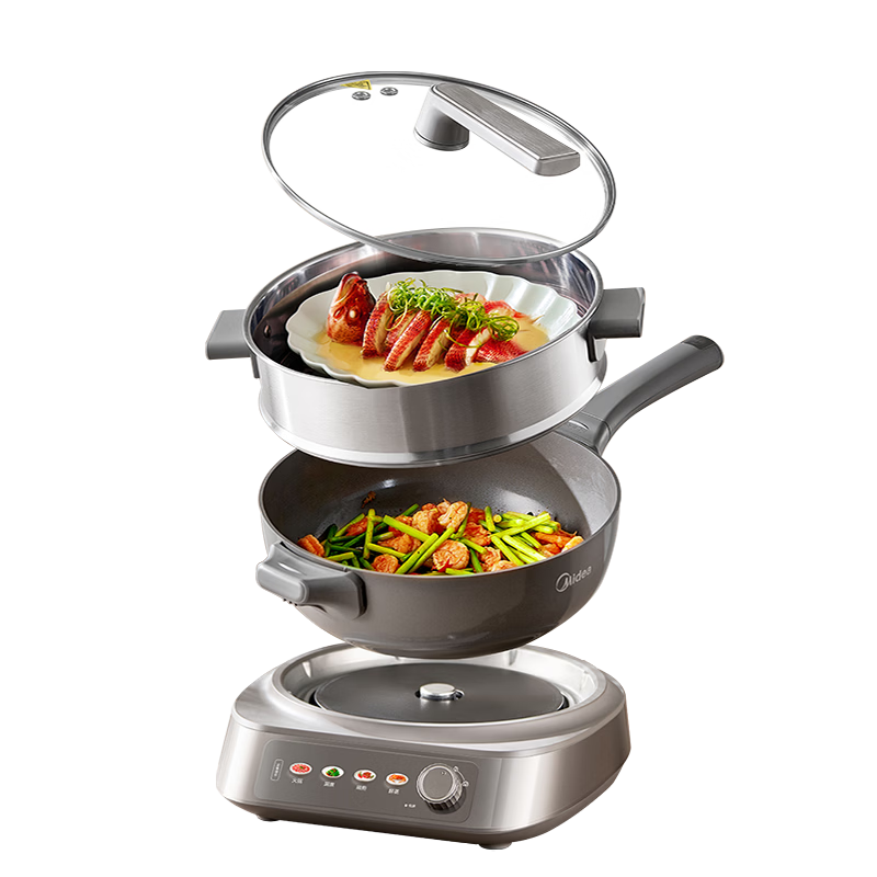 Midea Titanium Ceramic Electric Stir-Fry Pan Electric Steamer Detachable Electric Cooker Non-Stick Multifunctional All-in-One Stir-Fry Pan Electric Hot Pot Frying Pan 4.3L Pancake Pan HCG2818S with St