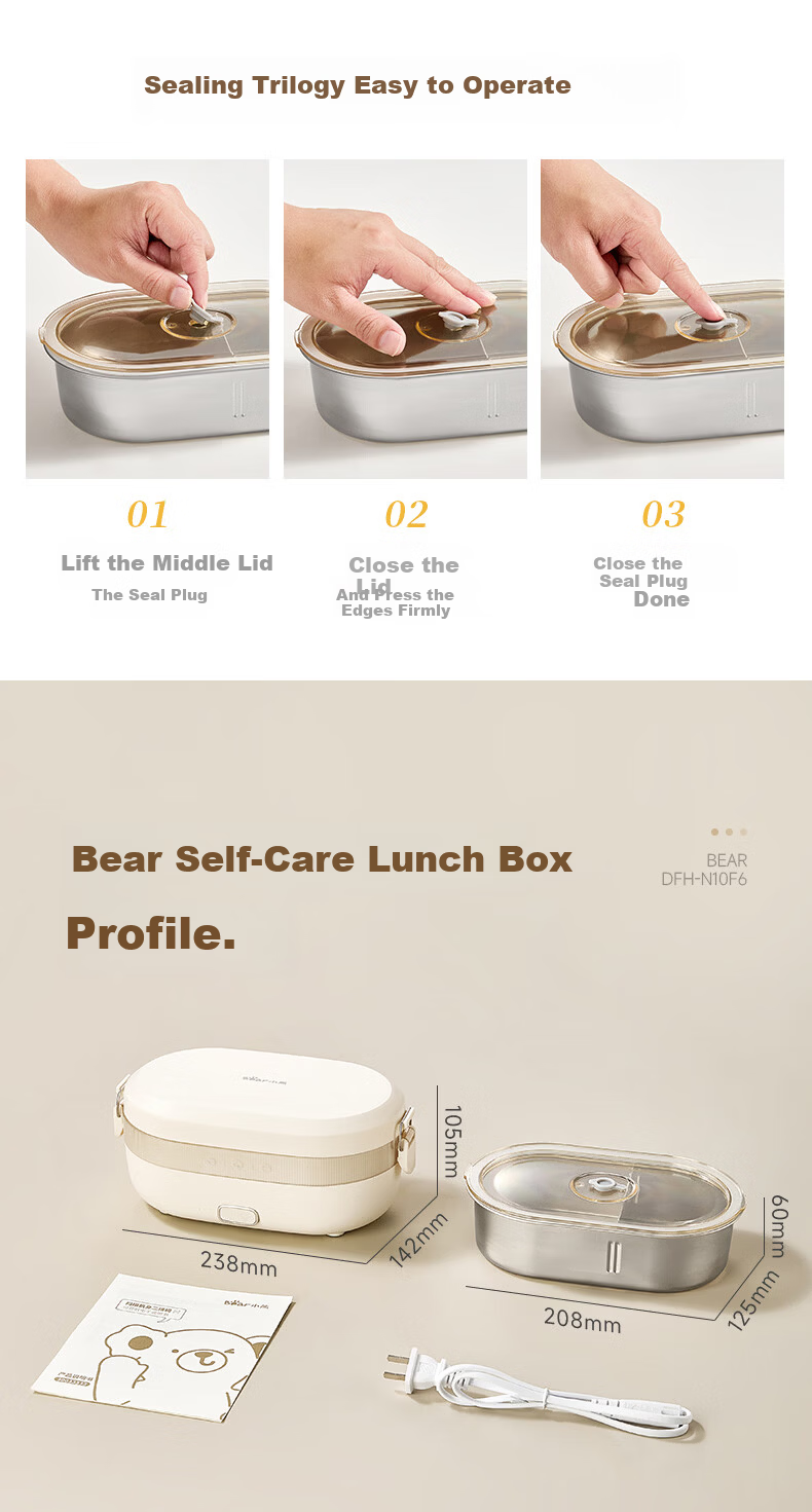 Bear Electric Lunch Box Self-Heating Lunch Box No Water Needed Plug-in Heating 316L Stainless Steel 1L DFH-N10F6 20