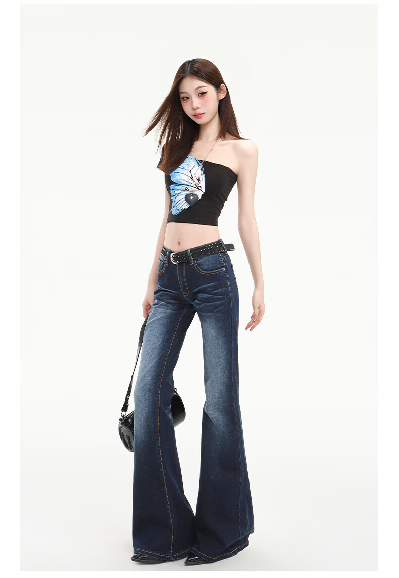 Pierre Cardin Women's Summer Denim Jeans American Style Low Waist Flared Loose Casual Long Pants Dark Blue L 27