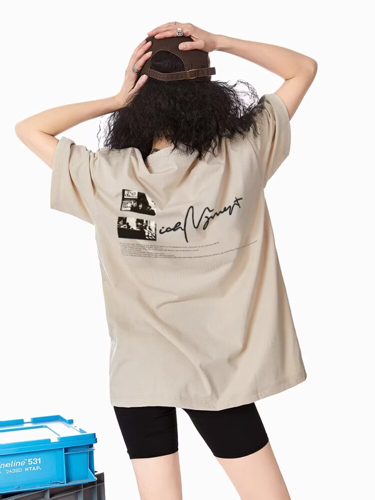 ICH MODE 260G Heavyweight Trendy Back Print Oversize T-Shirt Women Top Apricot L 1