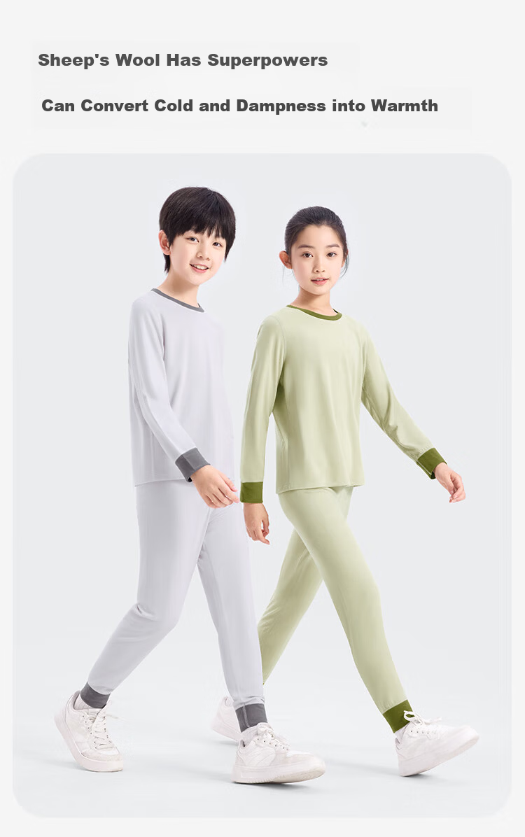 Jiusuiban Kids Thermal Underwear Unisex Autumn Winter Mid-Weight Fleece Lined Wool Blend Cotton Base Layer Youth Sports Long Johns Set 5