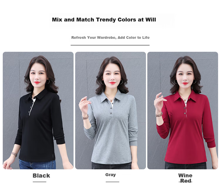 Woodpecker Women's Long Sleeve Cotton Polo Shirt, Spring Autumn New, Middle-aged Plus Size Casual Top, Gray, L 6