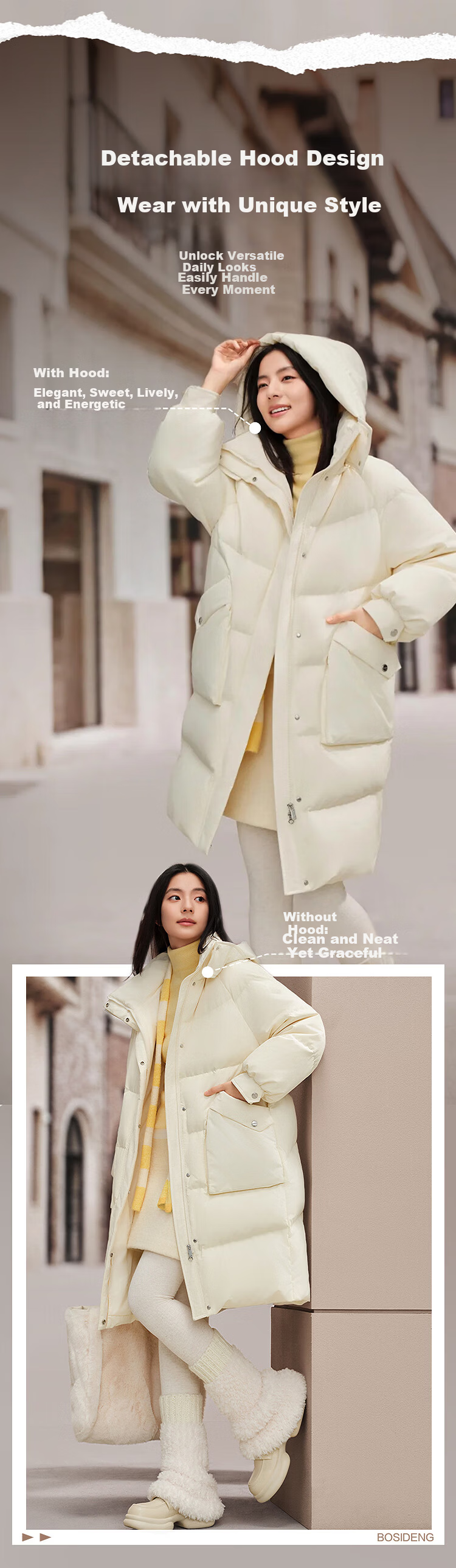 BOSIDENG Off-Season Women's Winter Down Jacket Loose Mid-Length Casual Thickened Removable Hood Stand Collar Casual Coat 4