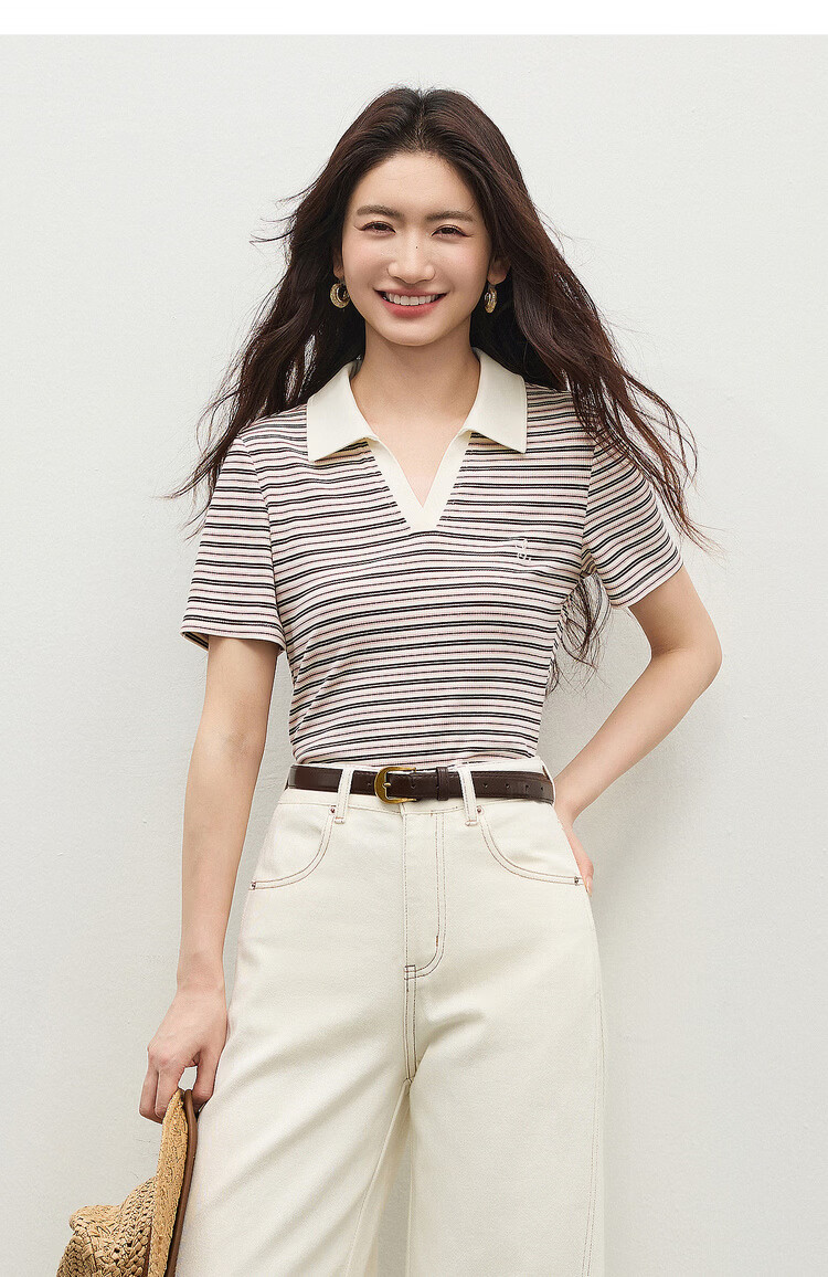Shangdu Bila Korean Style Simple Cotton Blend T-Shirt Women Summer Polo Collar Color-Block Embroidered Casual Top Stretch Striped Short Sleeve Inner Wear 16
