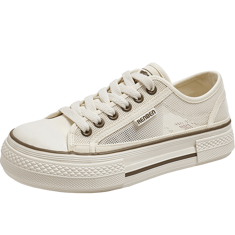 Renben Official Website Women's Casual Beige Mesh Canvas Sneakers Summer New Style Size 38