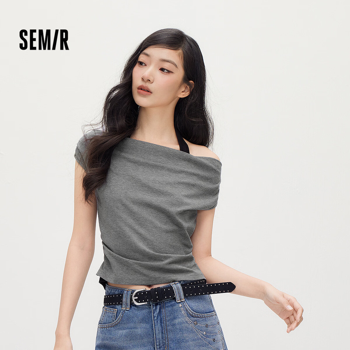 Semir Women's Summer Short Halter Neck Slim Fit Fake Two-Piece T-Shirt 2026 Stylish Sexy Top 109326100041