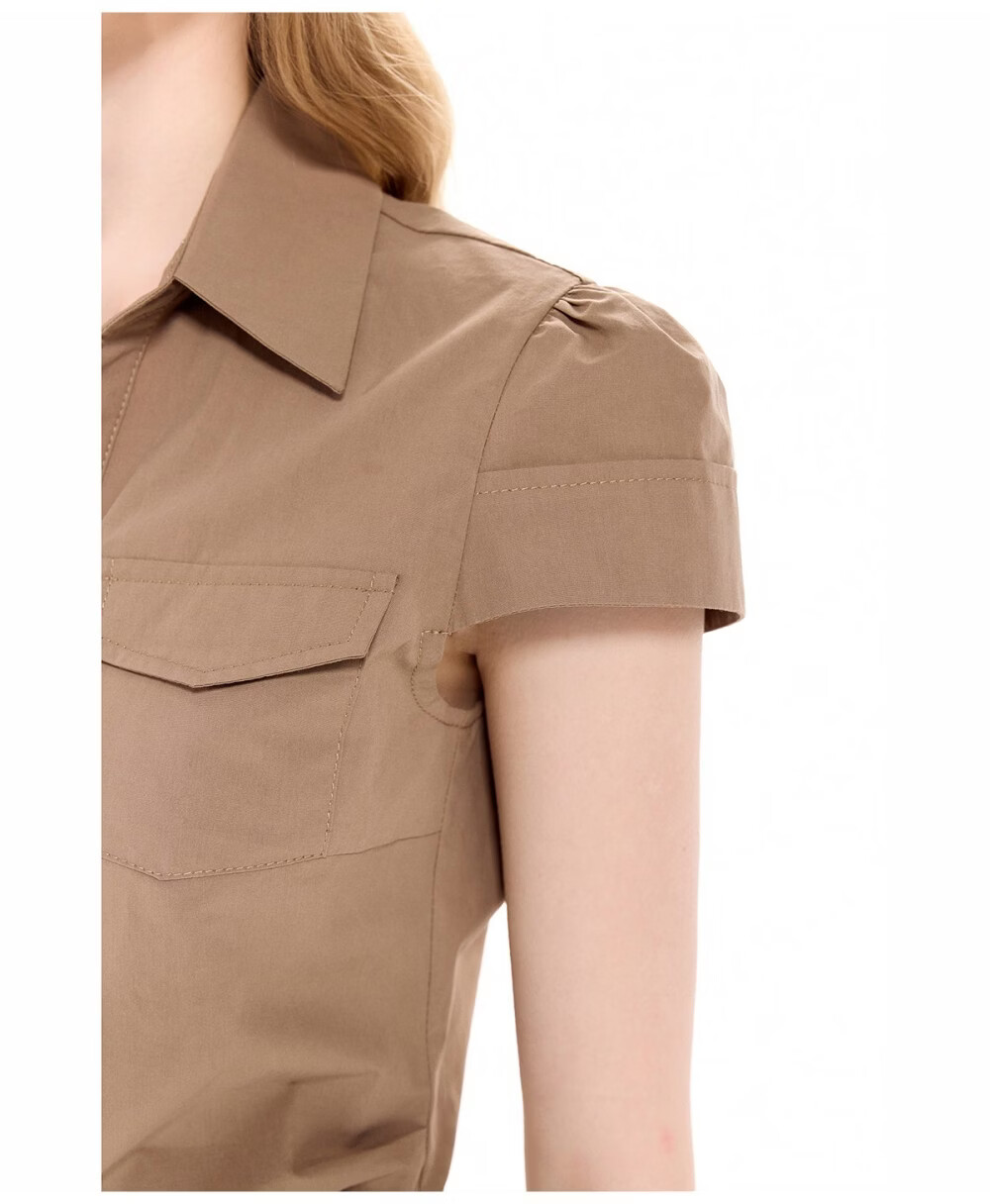 ICH MODE Pleated Waist-Tie Short Sleeve Shirt Women Summer New Slim Fit Pocket Blouse Waist-Cinching Shirt Jacket Blue S 13