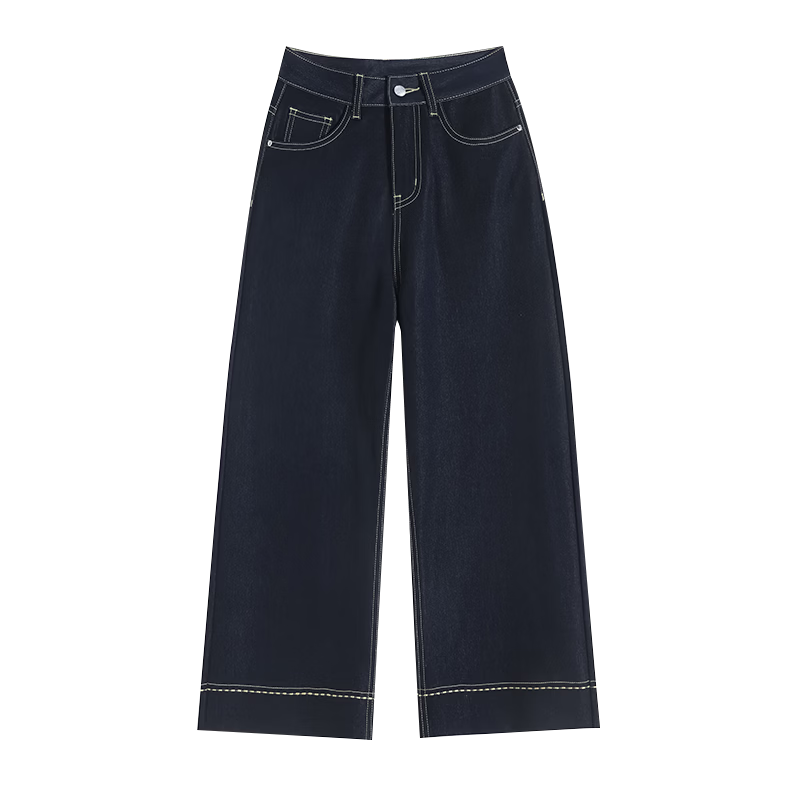 Langsha Women's 9/10 Length Dark Blue High-Waist Stretch Slim Fit Flowing Wide-Leg Denim Jeans Summer Casual Straight Pants
