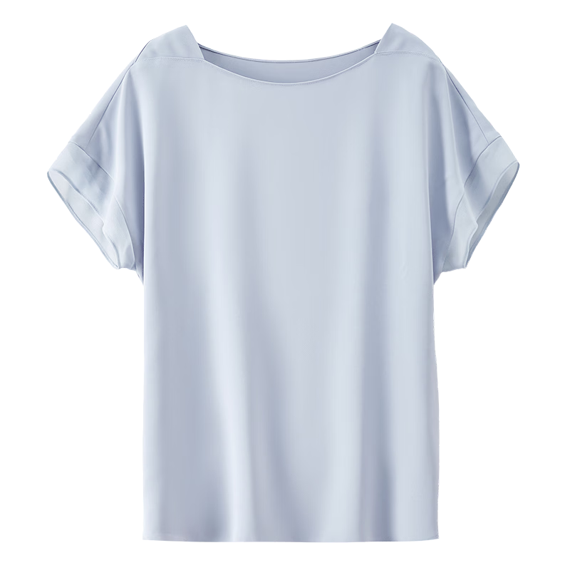 Sentubila Spliced Short-Sleeve Chiffon Blouse for Women, Slimming Tummy-Covering Top, Summer Lightweight Casual T-Shirt, Light Blue, L