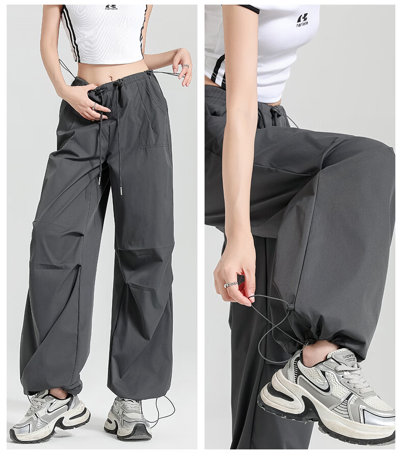 Langsha Women's American Style Parachute Work Pants Summer Thin Quick-Dry Sports Straight-Leg Sun-Protective Hiking Casual Wide-Leg Pants 24