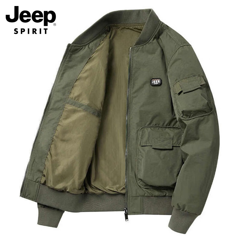 JEEP SPIRIT Men's Military Green Flight Jacket Spring Autumn American Style Baseball Collar XL
