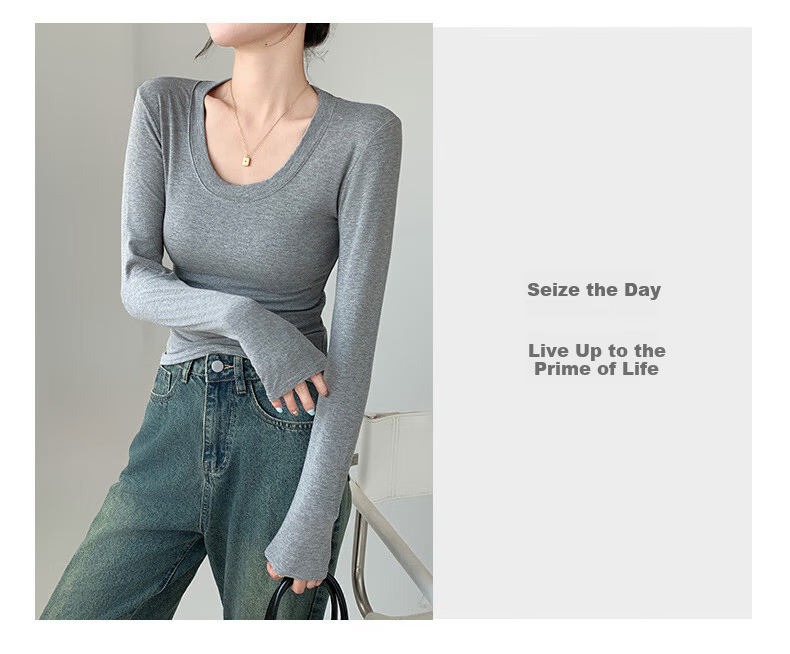 Langsha Women's Round Neck Base Shirt Spring New 2026 Slim Fit Solid Color Long Sleeve T-Shirt Top 16